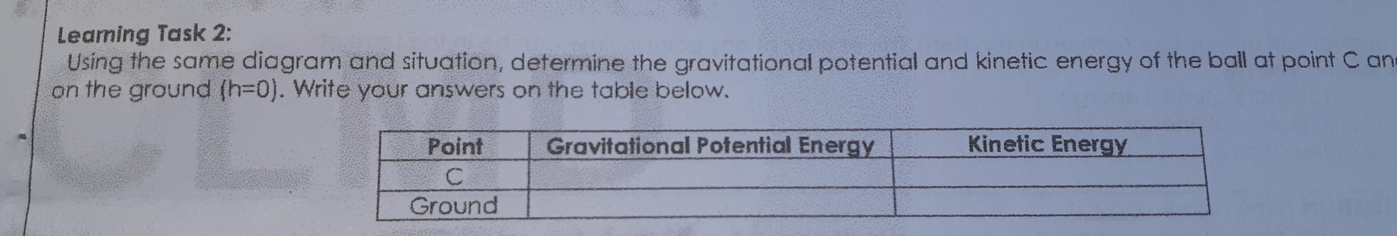 Leaming Task 2: Using the same diagram and situation, determine the gravitational potential and kinetic energy of the ball at point C an on the ground h=0 . Write your answers on the table below. Point Gravitational Potential Energy Kinetic Energy C Ground